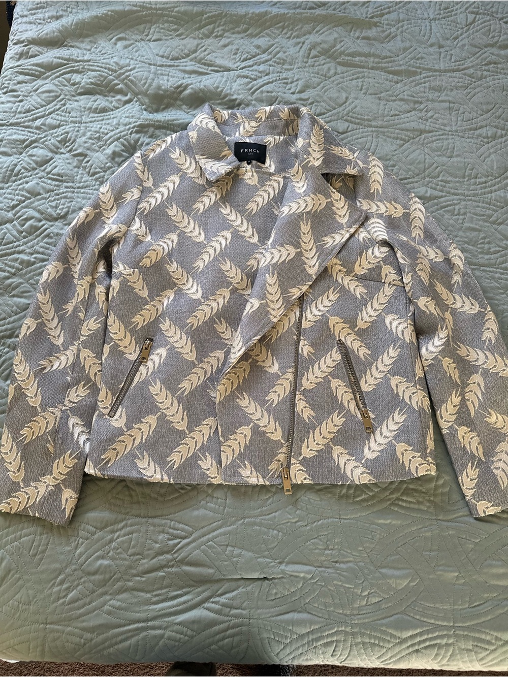 French Connection Blue & Cream Patterned Moto Jacket